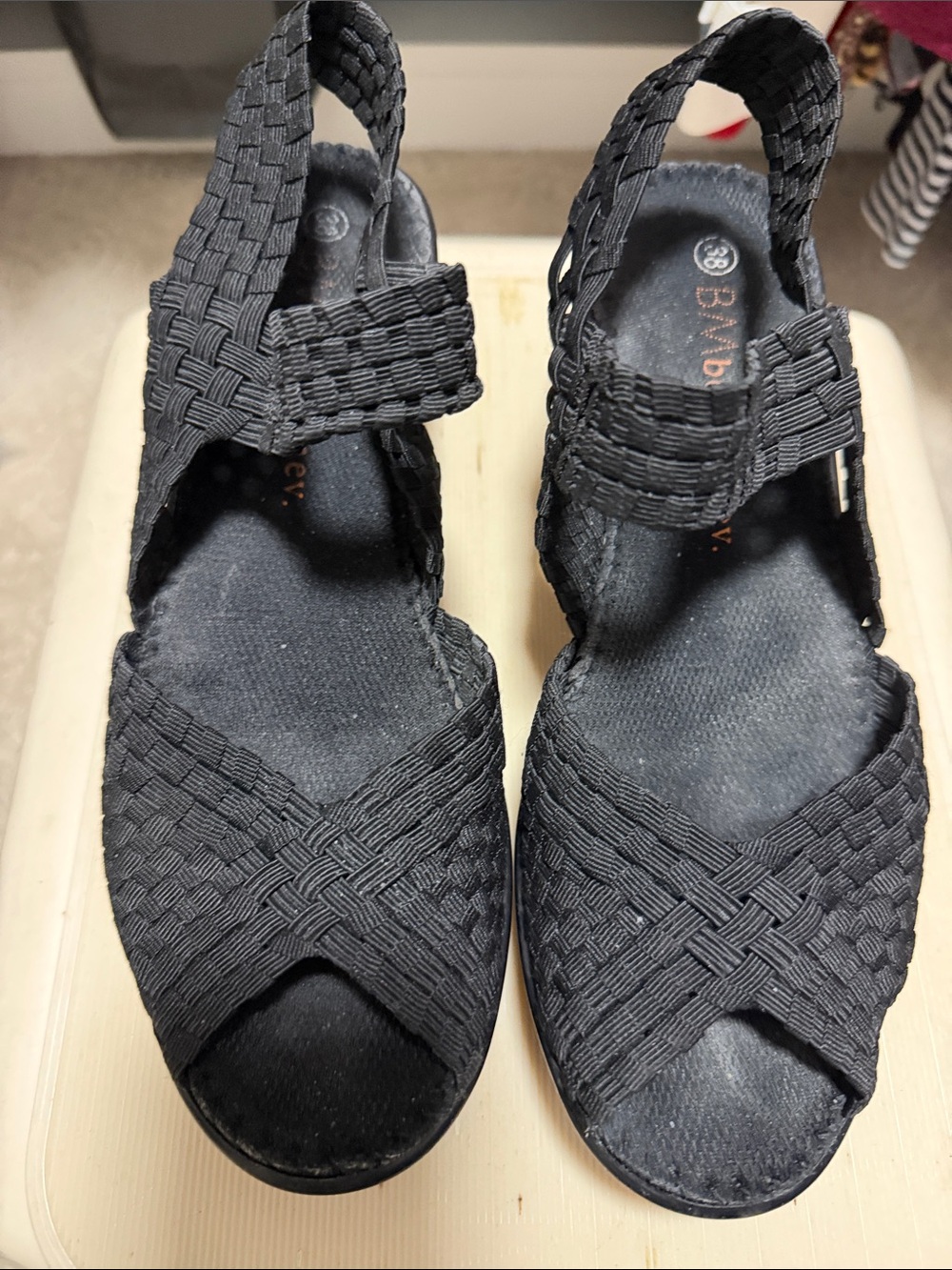 Bernie Mev Black Woven Slingback Wedge Sandals